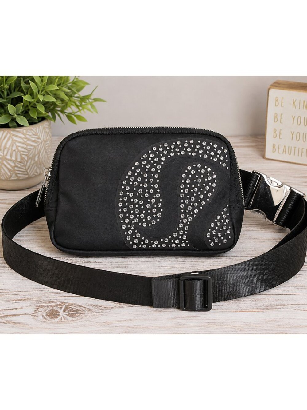 Lululemon Black Rhinestone Logo Belt Bag Crossbody Waist Bag Silver Hardware